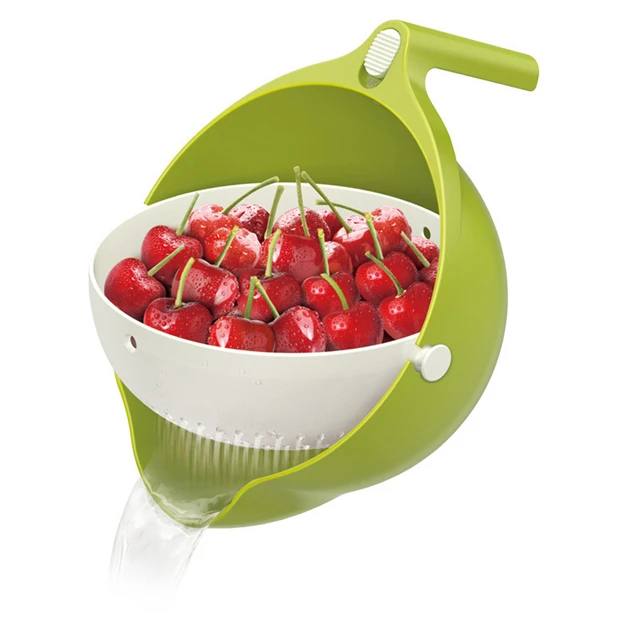 

J766 Plastic 360 Degrees Rollingl Washing Colander Basket Vegetables Fruits Plastic Drain Sink Strainer With Bowl Handle