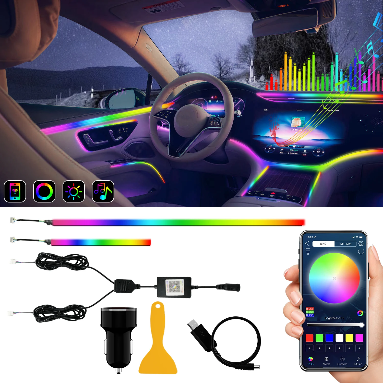 

Car Inside Color Changing Led Lights Car Decoration Led Neon Strip Lights Accessories Universal Interior Lighting Car Ambient Li