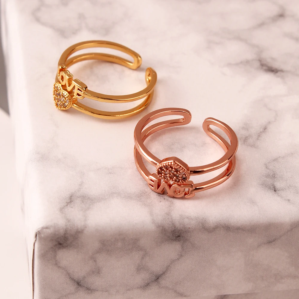

Open Love Heart Crystal Rings Real Gold Plated Zircons Fashion Rings 2020 Women, As picture show