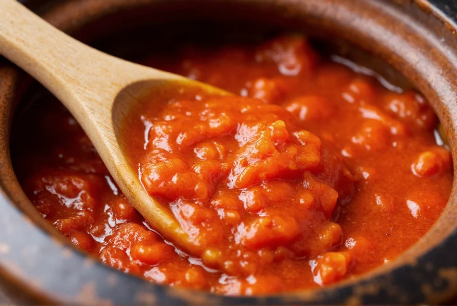 Close-up of traditional Korean gochujang in ceramic jar with wooden spoon
