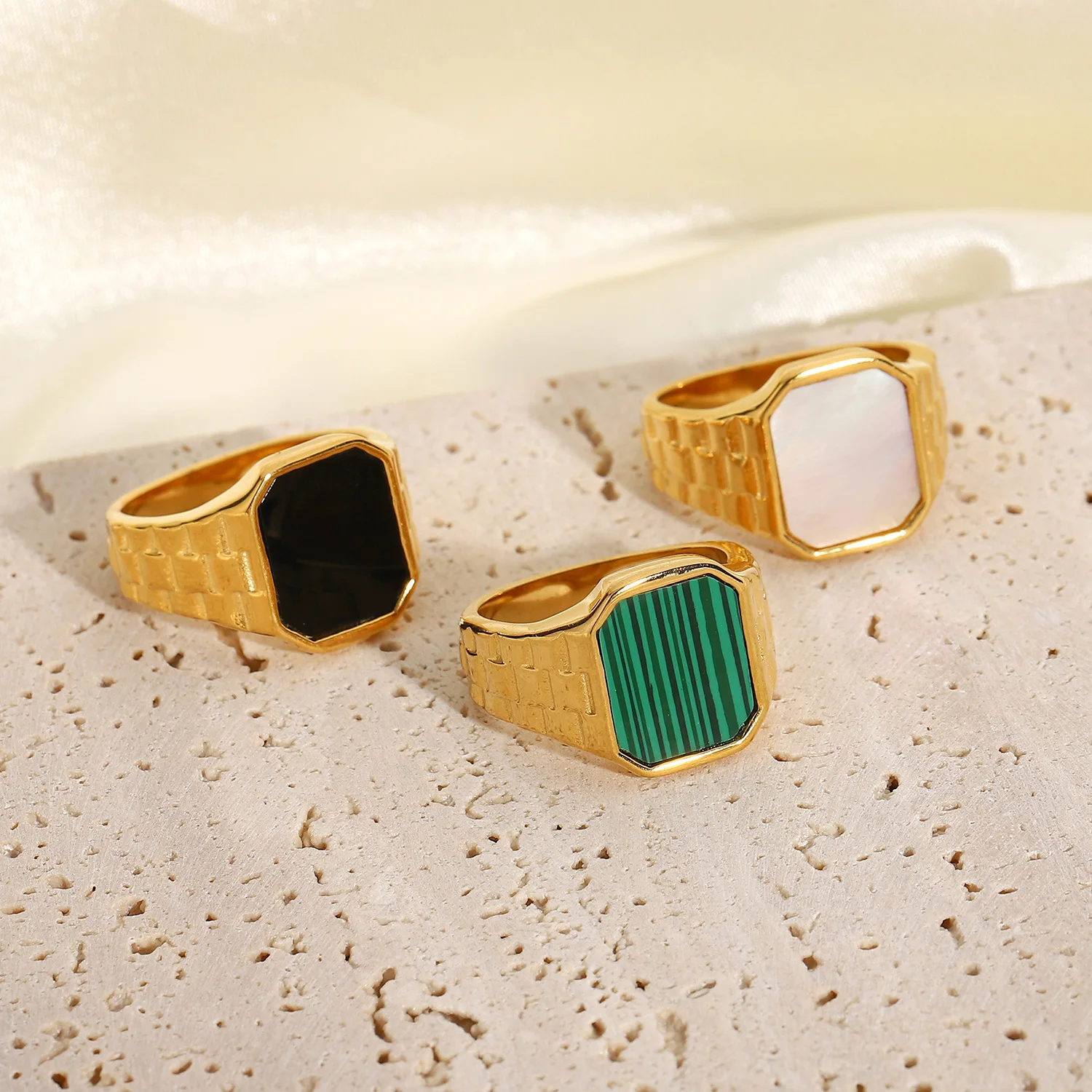 

Green Malachite Square Ring Stainless Steel Watchband Ring For Ladies 18K Gold Plated Black White Shell Finger Rings