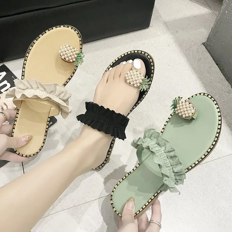 

PDEP 2021summer new pineapple rhinestone slippers women's outer wear 43 large size beach shoes slippers women jelly sandals, Yellow,green,white,black