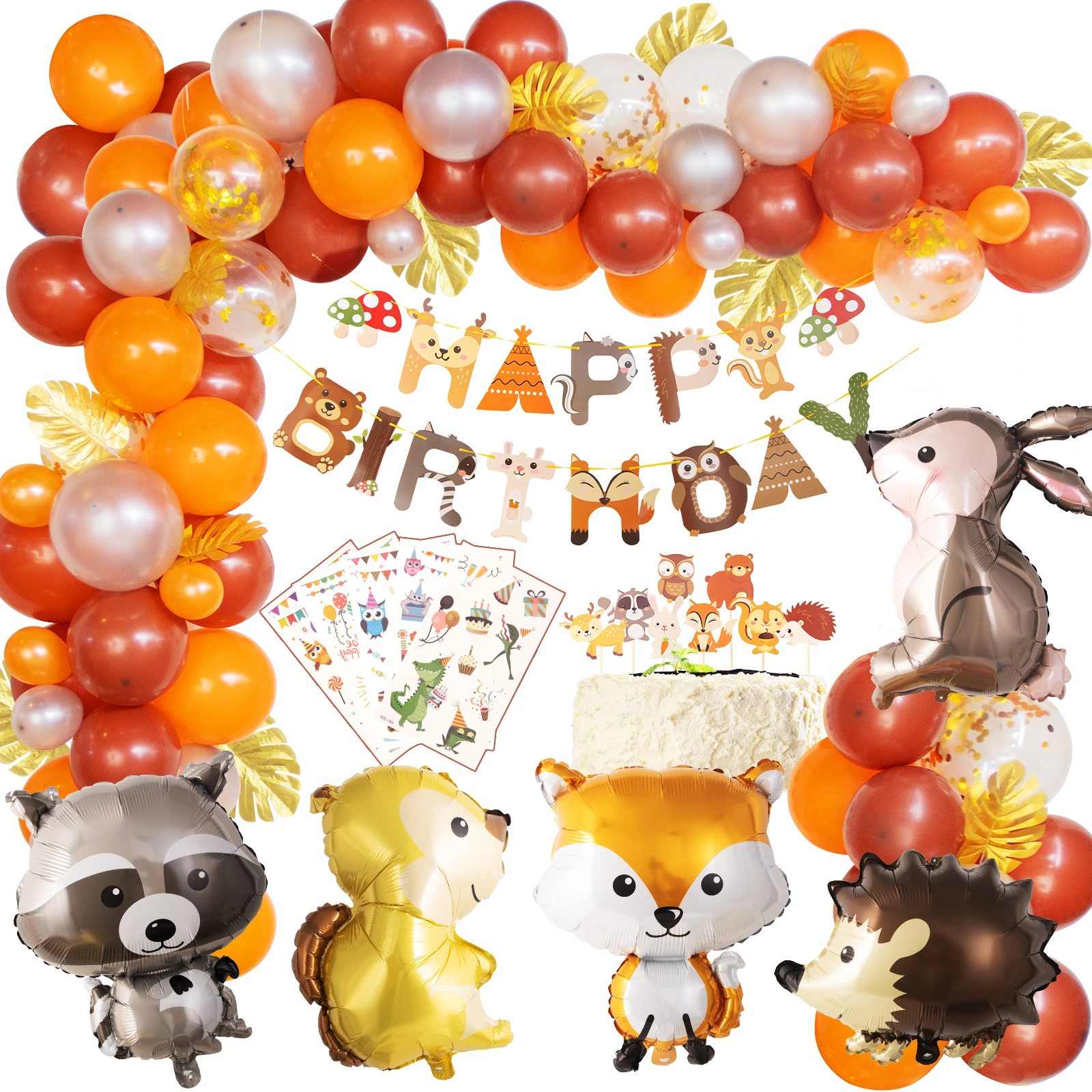 

2022 New Forest Animals Theme 66 PCS Baby Happy Birthday Paper Cake Topper Letter Banner Balloon Birthday Party Decoration Set, As picture