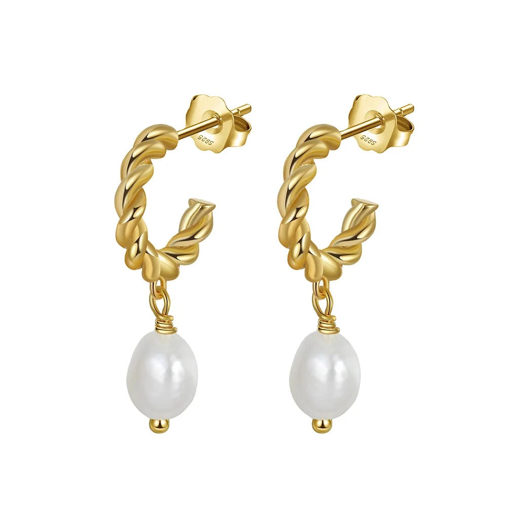 

summer fashion 925 sterling silver beach natural freshwater baroque pearl C shape twist gold plated stud earrings for women
