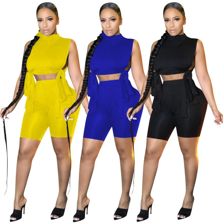 

Fashion pure color drawstring sleeveless crop midriff new summer sportswear suit