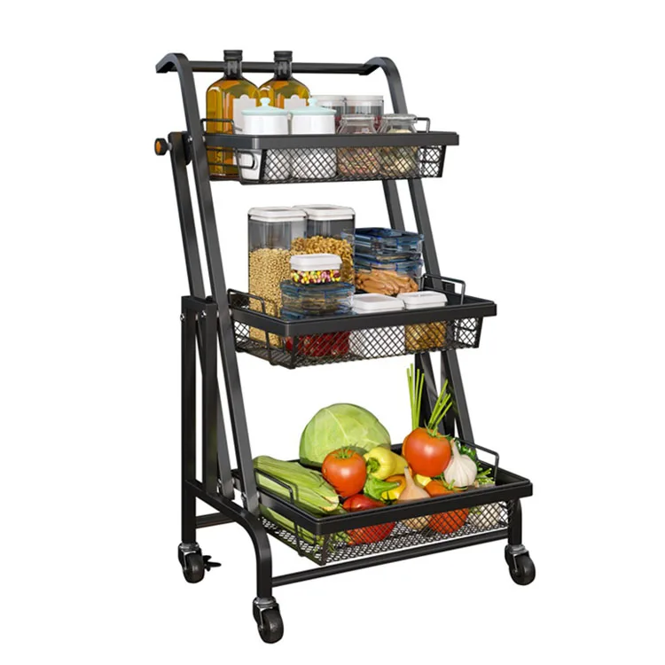

Kitchen floor-standing trolley rack multifunctional parallel folding vegetable and fruit storage basket, Black, white