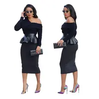 

90714-MX24 office wear PU ruffles one shoulder dress women