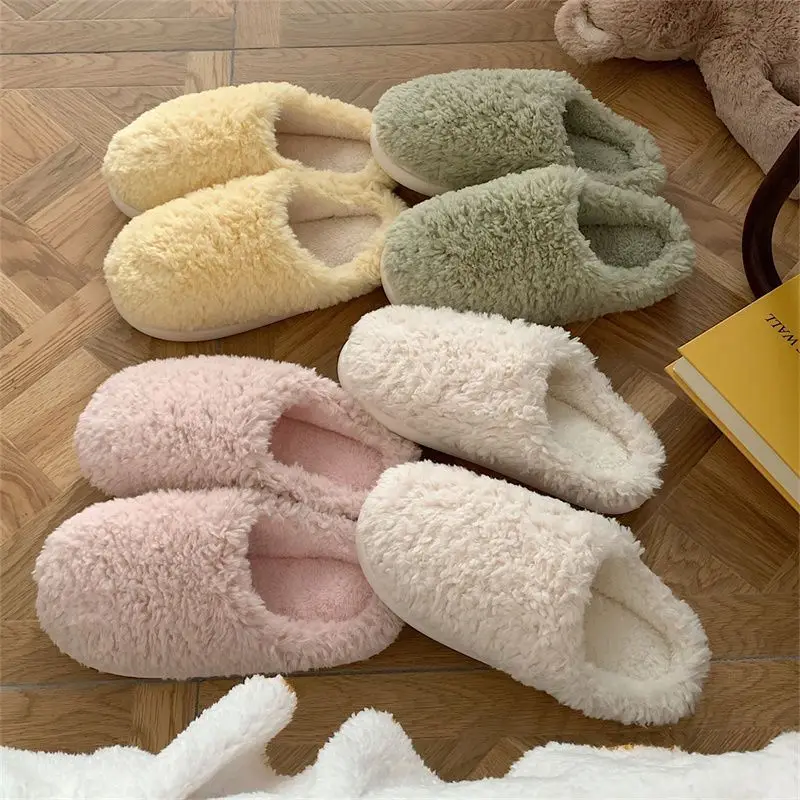 

Thanks Giving Presents Women Fur Soft Warm Slippers Slides Plain Color Home Bedroom PVA Sole Women Fur Slippers Shoes