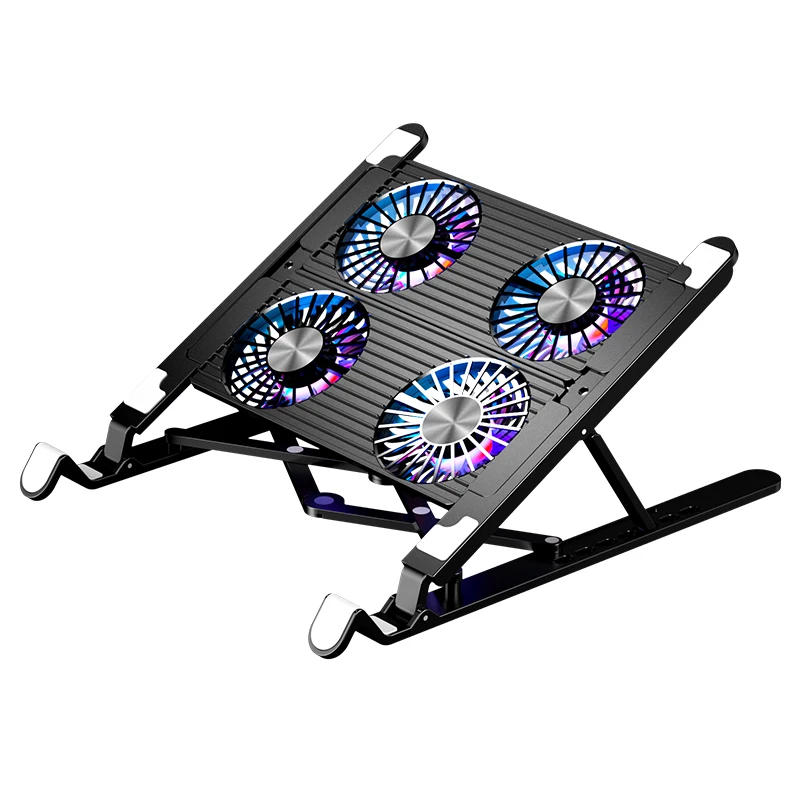 

Triangle design adjustable laptop holder foldable portable notebook desktop stand with four cooling fans for office use