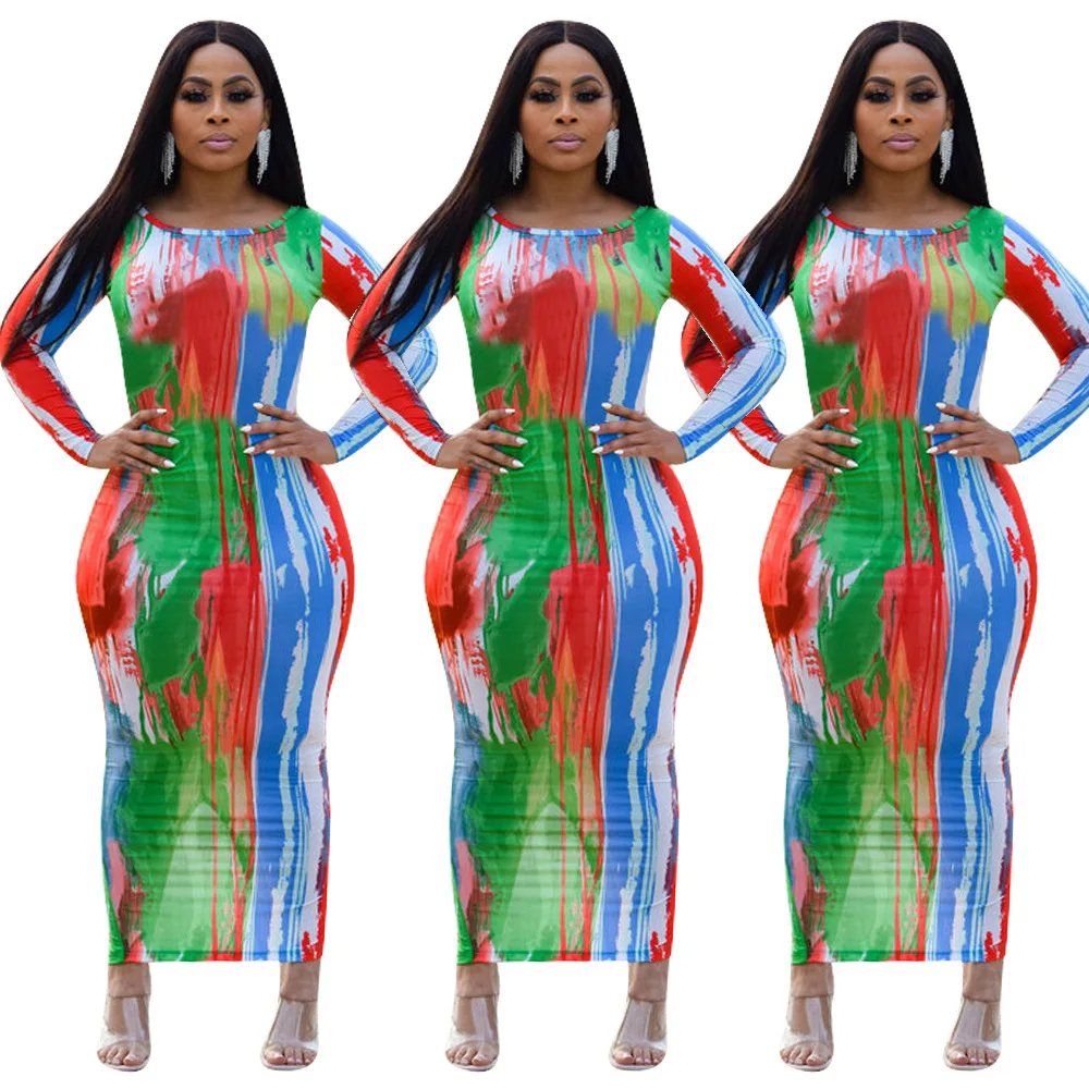 

RX-Z60072 Ready to ship long sleeve bodycon ladies clothes tie dye dress casual long dresses women, As picture shows or customized color
