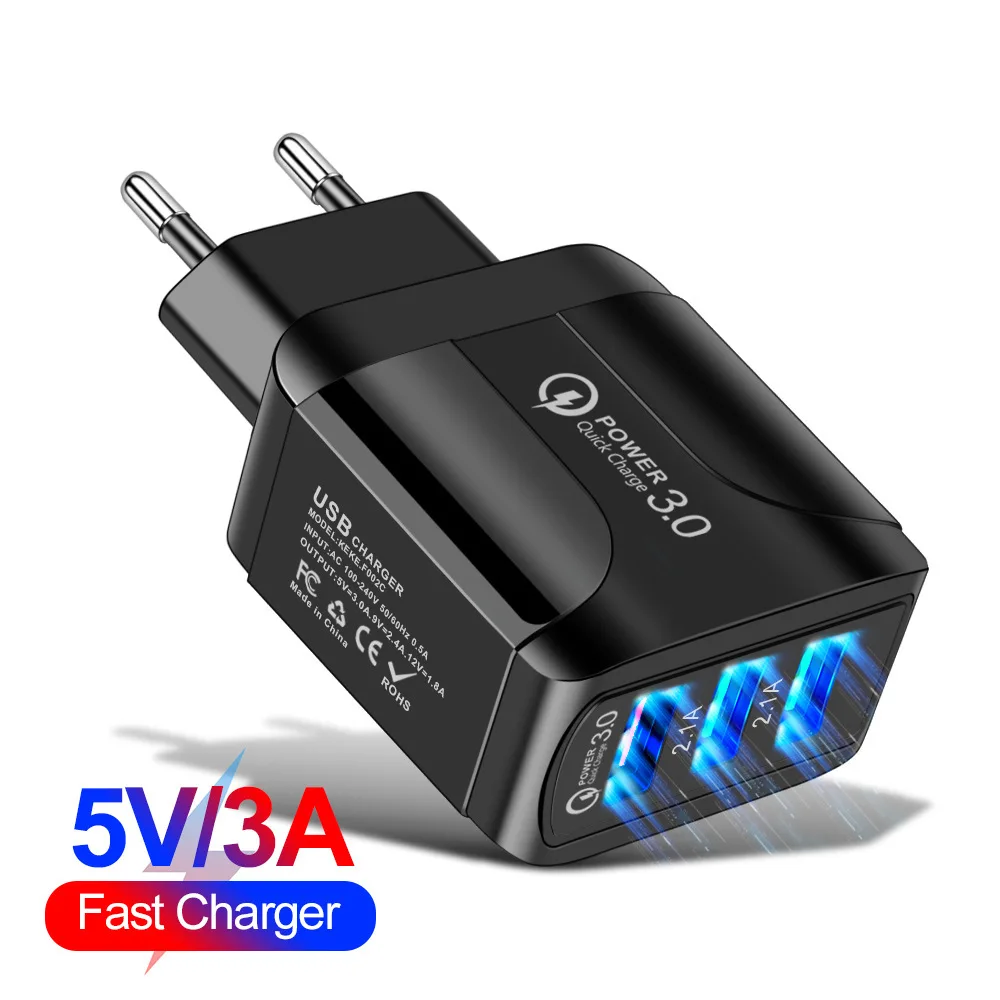 

UK/EU/US Plug 3 Usb 3 Ports Charging Adapter Phone Quick Charger Qc3.0 5v 3a Wall Charger
