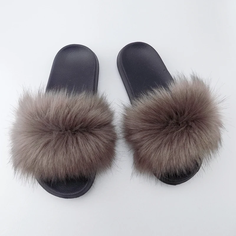 

2021 Regular Custom Fashion soft fluffy loafers slide sandals for women faux fox faux fur slippers for women, 18colors