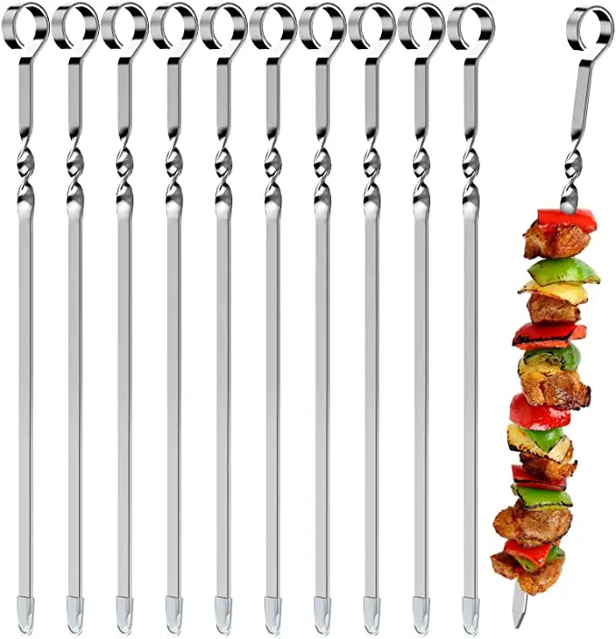 

Flat Met Sticks Wide Reusable Grilling Skewers Meat Chicken Vegetable Stainless Steel Long BBQ Barbecue Skewers, Silver