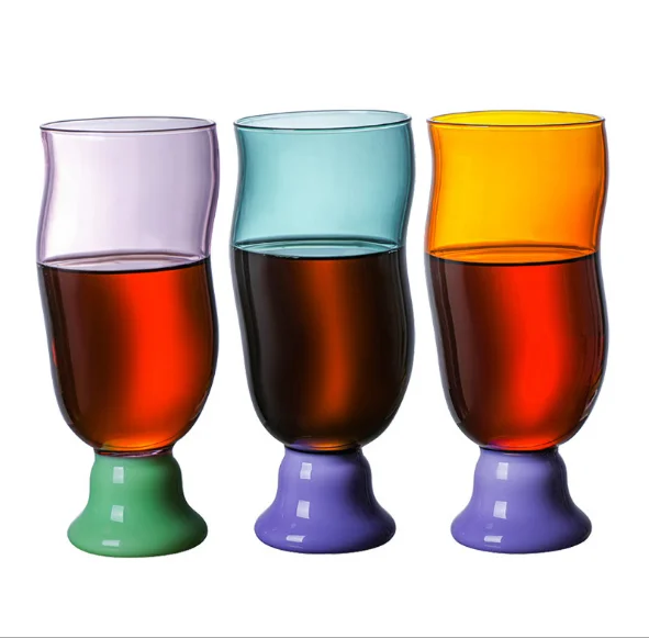 

Wholesale new colorful high borosilicate glass water coffee cup hot selling single wall glass beer cup high foot children's cup, 3 colors