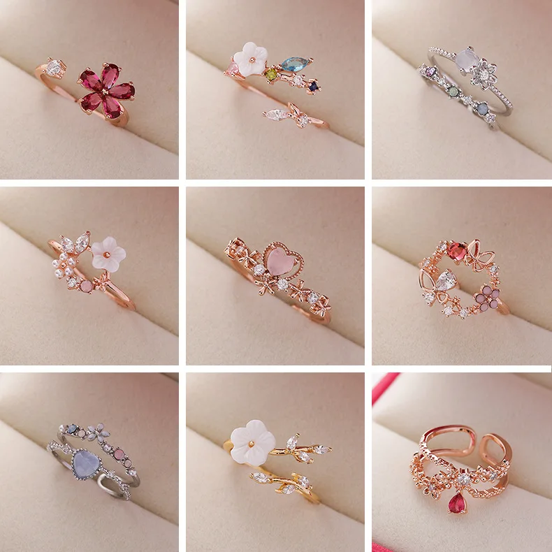 

Korean Style Glittering Flower Rings Diamond Crystal Zircon Flower Rings Rose Gold Plated Sparkle Sweet Opening Finger Rings, Gold ,silver