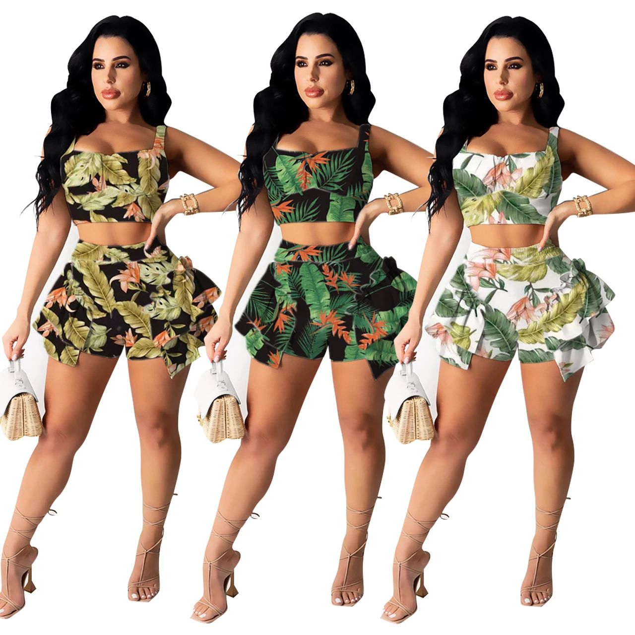 

Women's Short Sets 2021 New Arrivals Summer Halter Bohemian Style Sling Ruffle Sexy Two Piece Set Tracksuit, Bohemia