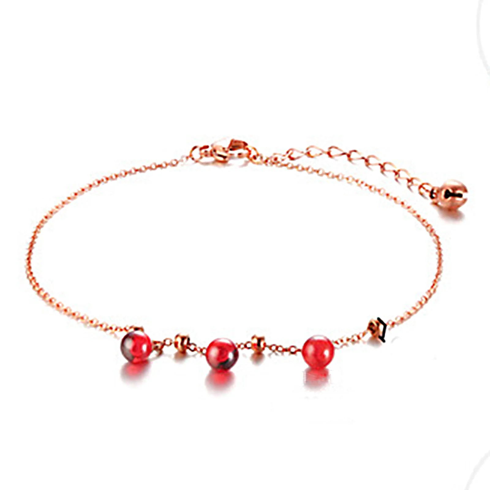 

AKJSF00002-38 Wholesale Womens Stainless Steel Link Star Chain Red Crystal Beads Charm Anklet Rose Gold Plated