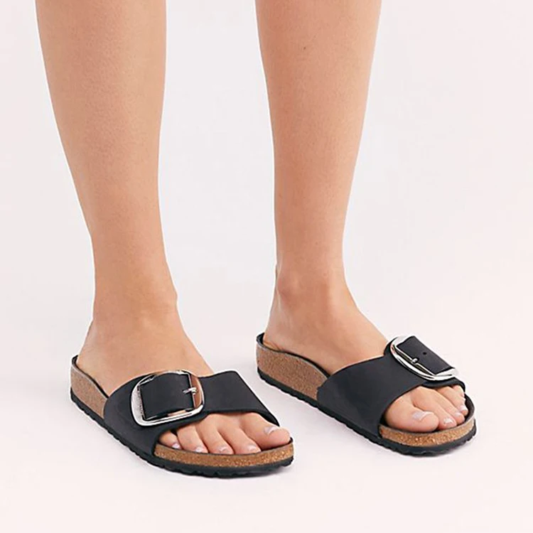 

Women Black Brown Sandals Big Size Metal Buckle Flip Flops Ladies Flat Slippers Leather Shoes Summer Women Slides Sandals