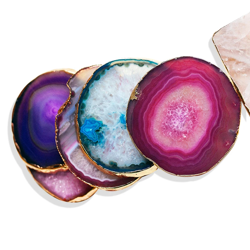 

Natural agate coaster quartz crystal coaster tableware with gold silver edging for home decor promotion gift kitchen bar drink, As picture