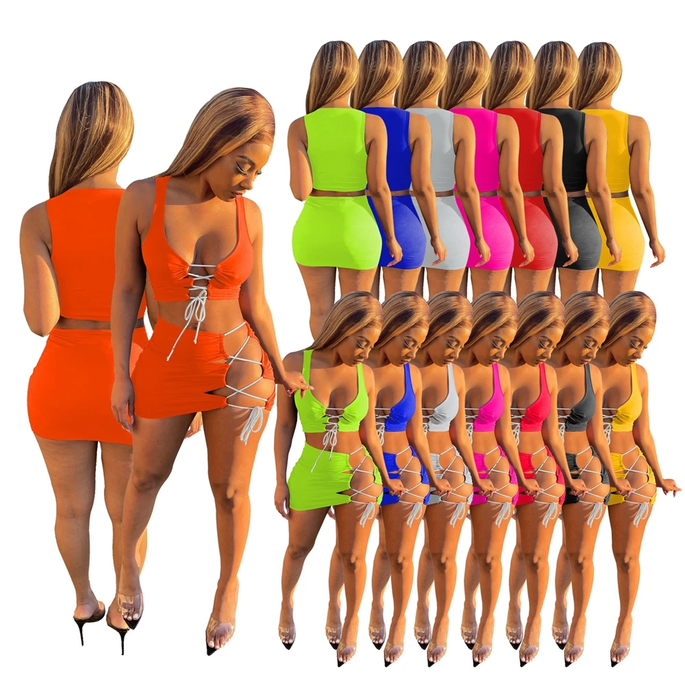 

MD-20220918 2022 Summer Dresses Women Short Dress 2 Piece Skirt Set Bodycon Beachwear Bandage Sexy Club Dresses