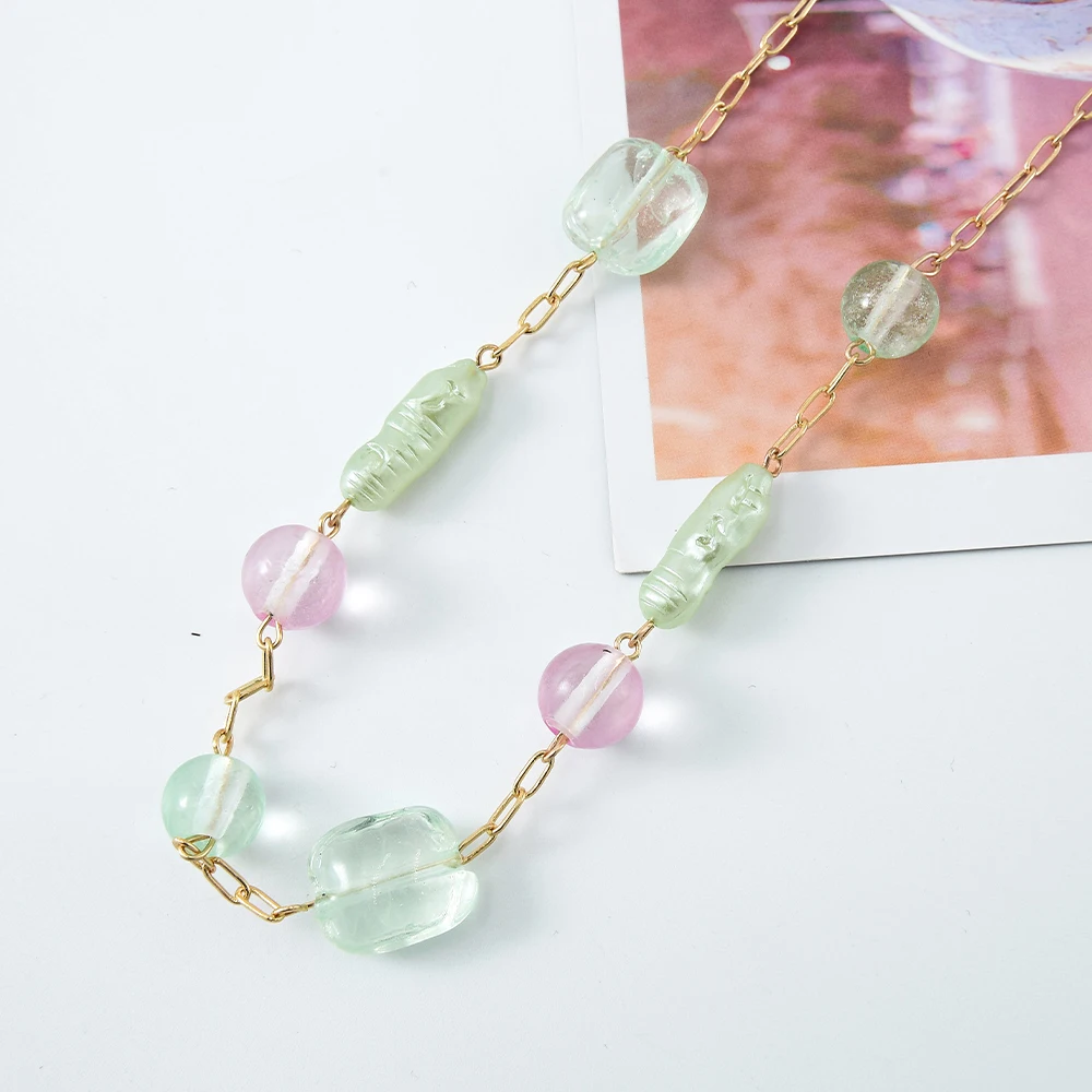 

Veijer Trendy Gold Plated Green Pink Pearl Women Geometry Marbles Stone Resin Long Chain necklace jewelry, Multi