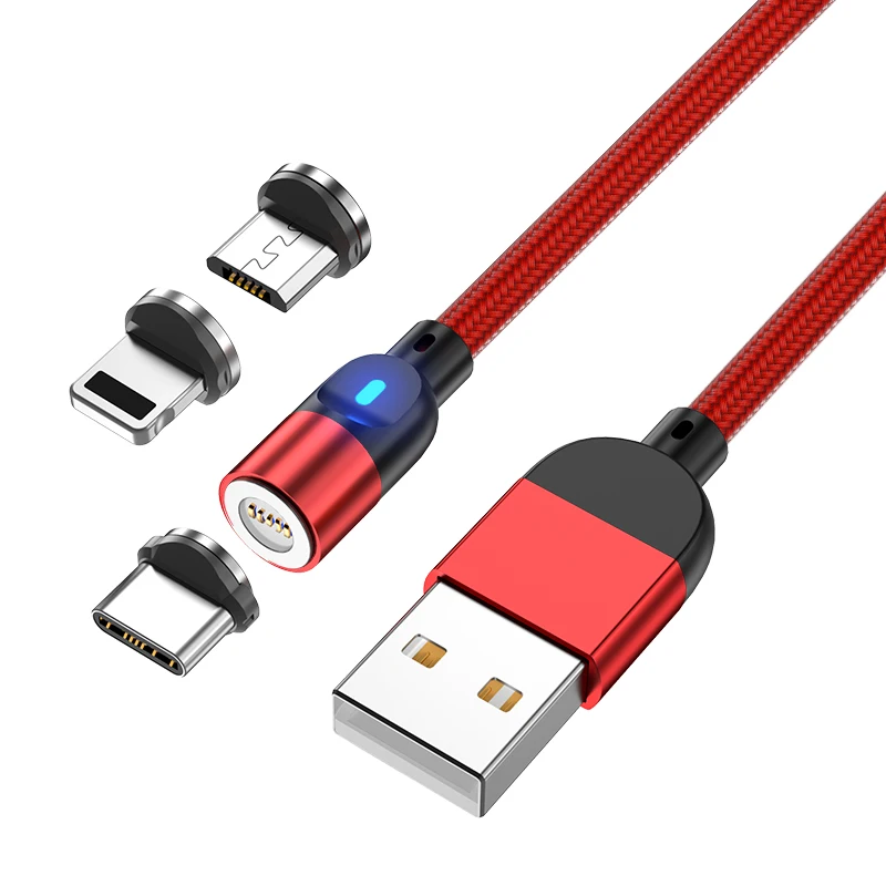 

Wholesale 360 Degree Rotating 3 in 1 Magnetic Charging Cable Micro USB Lighting 3A Type C Fast Charging Magnetic USB Cable, Red,black, purple