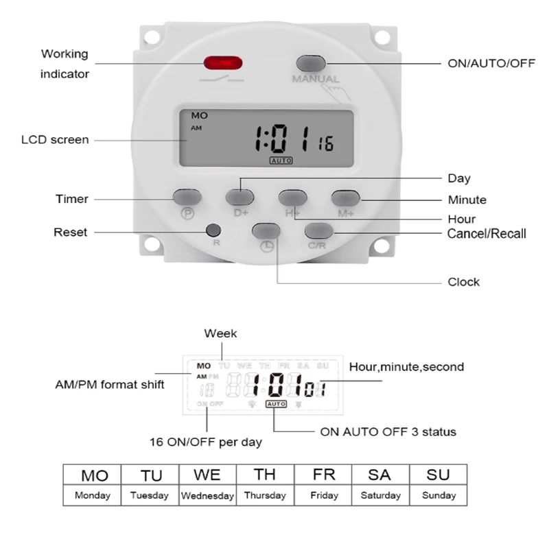 SINOTIMER CN101A DC/AC 12V Digital LCD Programmable Solar Timer Module 16 ON/0FF per Day with 4 Connecting Wires 