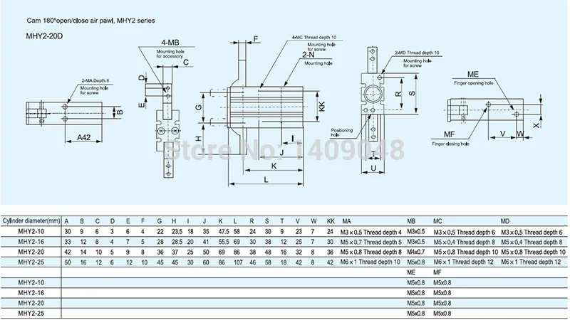 Manipulator double acting pneumatic gripper air cylinder MHY2-10D bore 10mm SMC type 180 degree angular style aluminium clamps