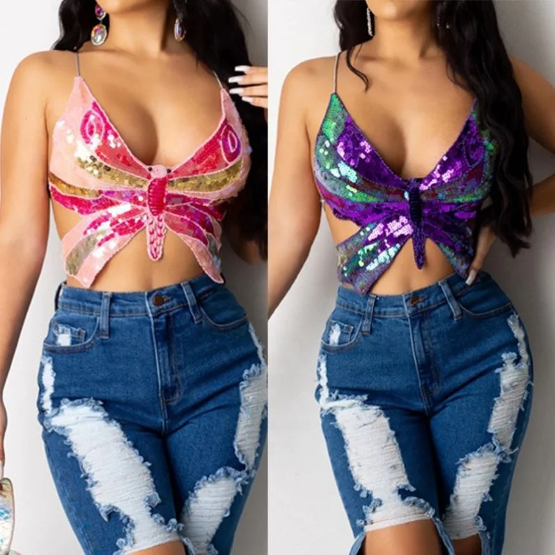 

Sexy Halter Sequin Crop Top Women Summer Club Women's Tops Backless Party Vintage Clothes Tank B1094