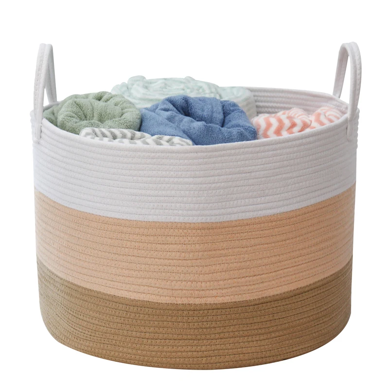 

Woven cotton rope storage basket home large cotton rope basket with handle foldable laundry basket, Customized color