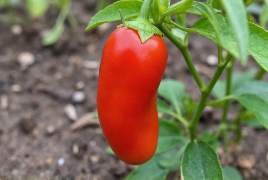 Close-up of mature red Peter pepper growing on plant in garden setting with soil and leaves visible