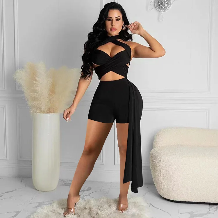 

X03373S Solid 2 Piece Club Outfits Wholesale Item Backless Crop Top Bandage Biker Shorts for Women Sexy Night Club Matching Set, Black/red/blue