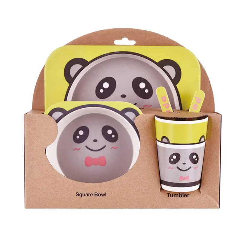 

Kids Dinnerware Set Natural Bamboo Fiber 5 Piece Set With Plate Bowl Cup Spoon Fork BPA Free Dishwasher Safe Yellow Panda