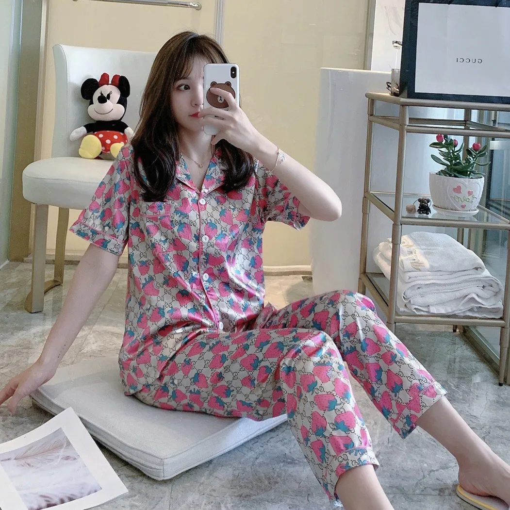 
Short-sleeved trousers suit ladies nightgown silk thin girl nightdress ice silk printing pajamas Cute sleepwear 