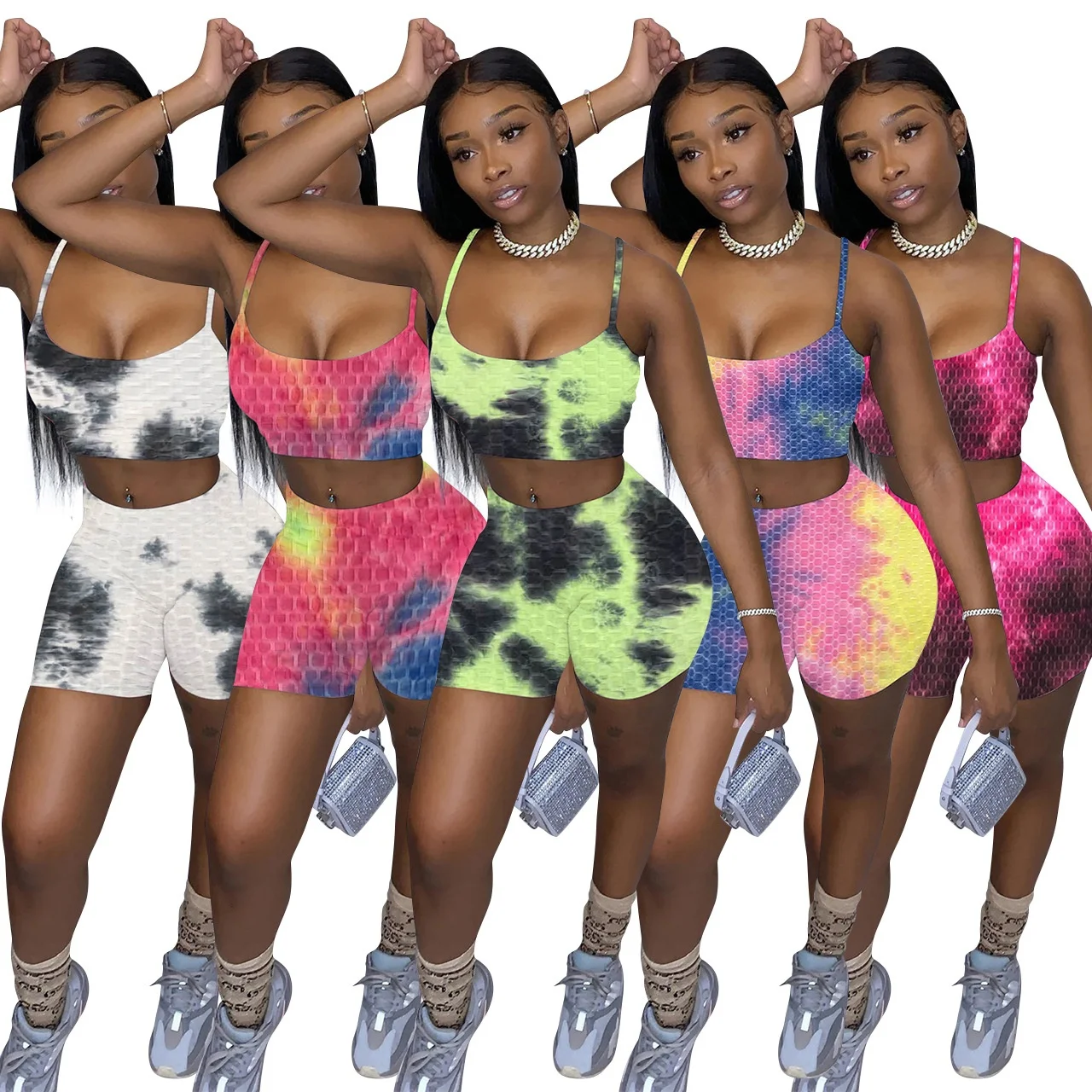 

KX-Q21S818 New arrivals summer woman clothing tank and shorts set 2021 tie dye custom women two piece short sets