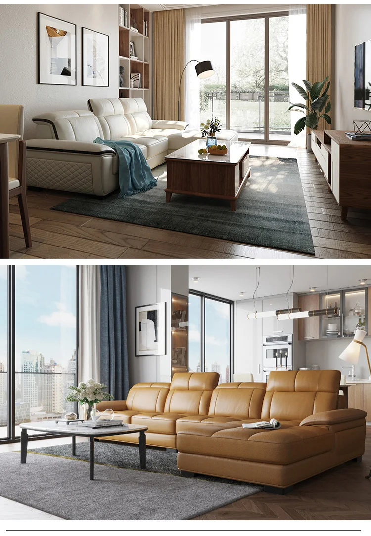 Living Room Furniture Gray Brown White Recliner Genuine Leather Section Corner Sofa Set Modern