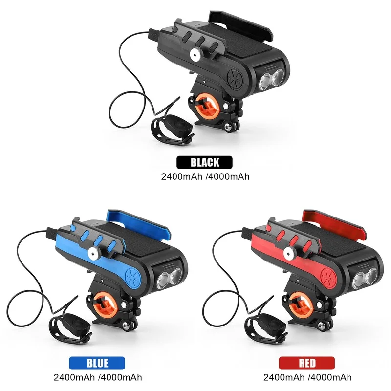 

4 in 1 USB Rechargeable Bike Lights Horn Phone Holder Super Bright Bicycle Headlight T6 4000MAh Power Bank Flashlight Lantern, Black/red/blue