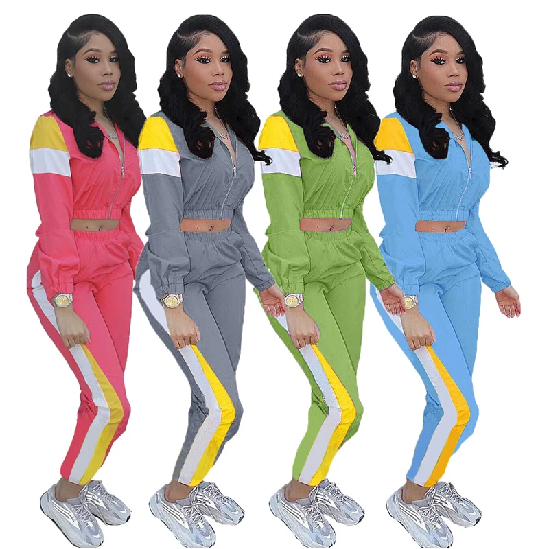 

Wholesale ladies sexy long sleeve and pants splicing color sportswear jogging 2 piece sets for women clothing, 4 colors