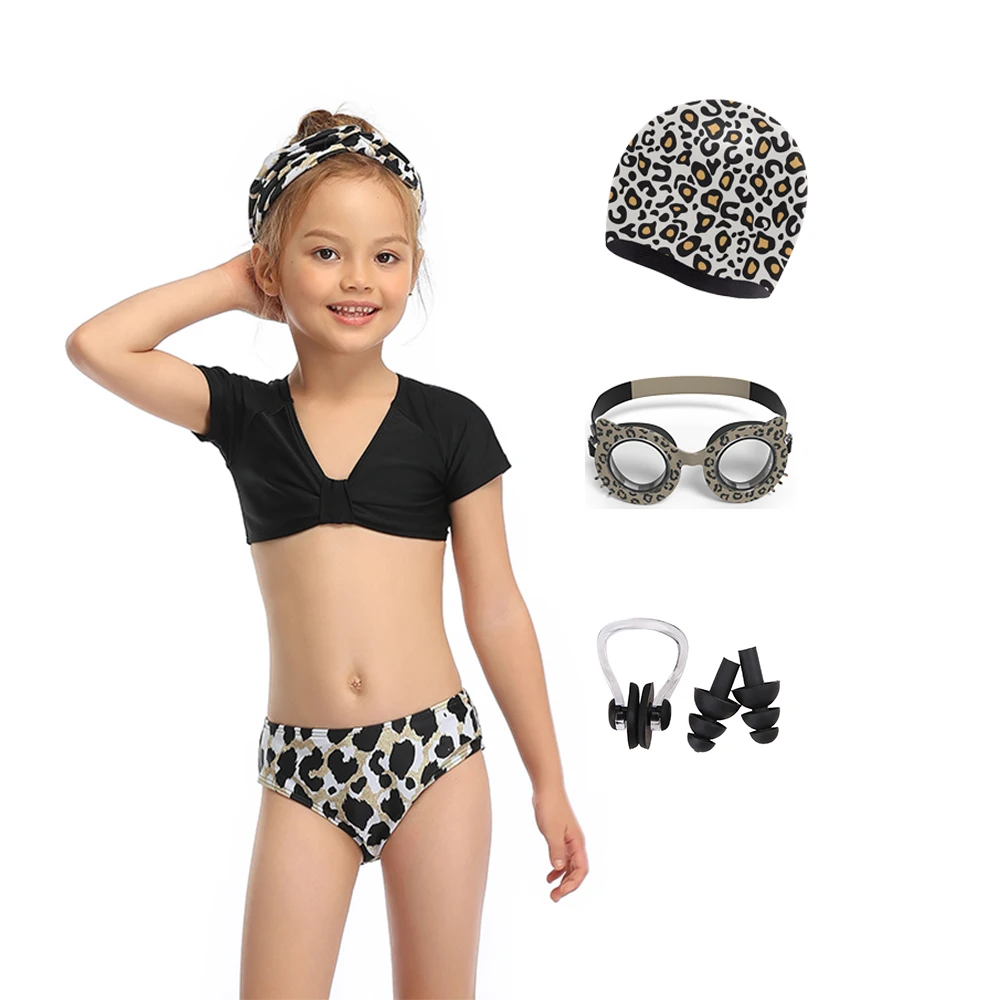 

ZLF Hot Sale Summer Children's 4 Pieces Suit Of Gift Including Cute Kids Swimming Goggles And Leopard Swimwear, Picture showed