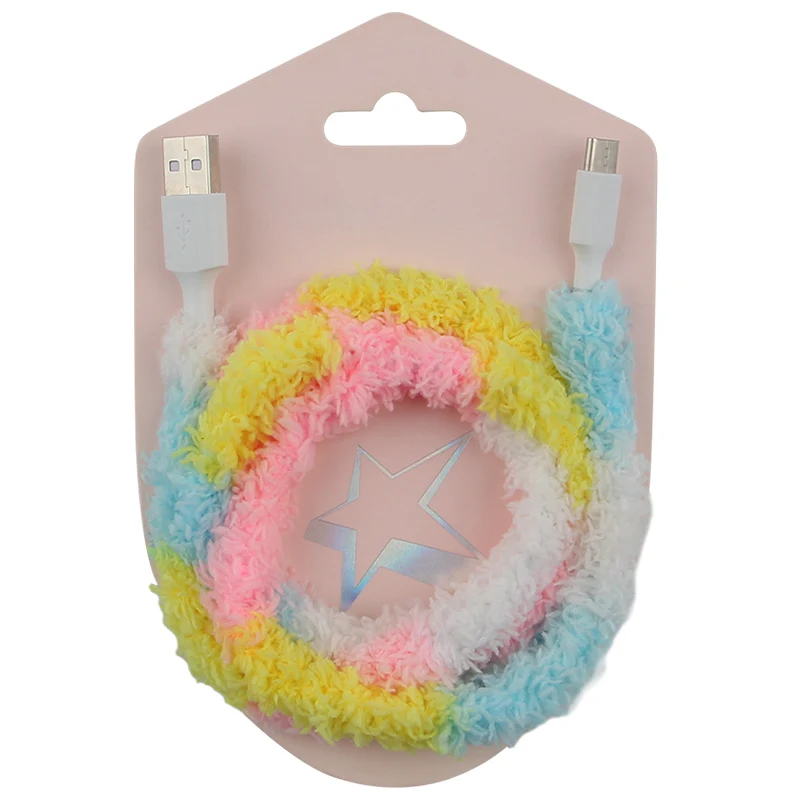 

2022 new arrivals Rainbow Plush wrap Braided USB C data charging cable for iphone type c huawei