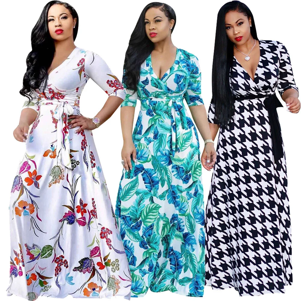 

Fashion Dress Elegant jupe longue Ladies Sleeve V Neck Floral Printed Long Dress Woman with Bandage robe de mariage longue femme, As picture