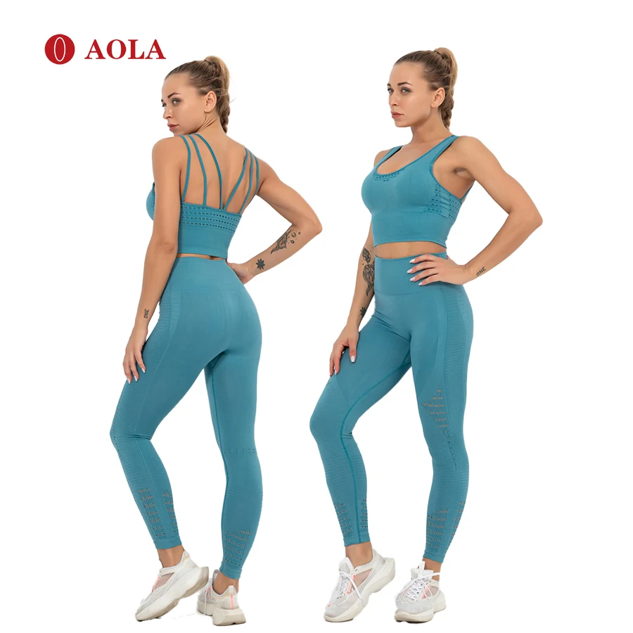 

AOLA 2020 Seamless Compression Workout Sexy Sportswear Jogging Customized Logo Yoga Ladies High Waist Gym Leggings and Bra Set, Picture showed