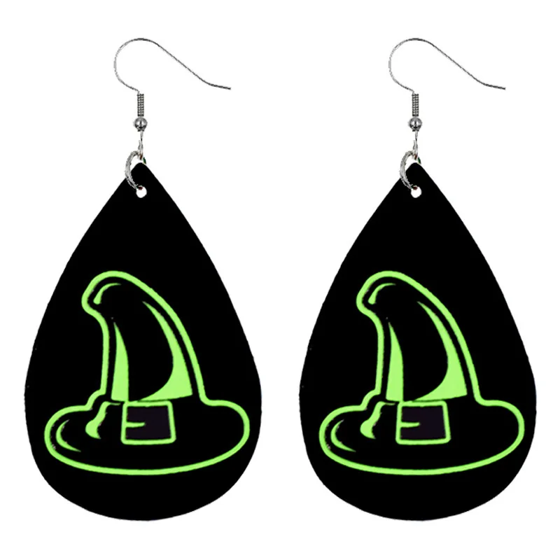 

Happy Halloween Green Luminous Earrings For Women Witch Wizard Ghost Water Tear Drop Black Leather Ear Hook Earrings