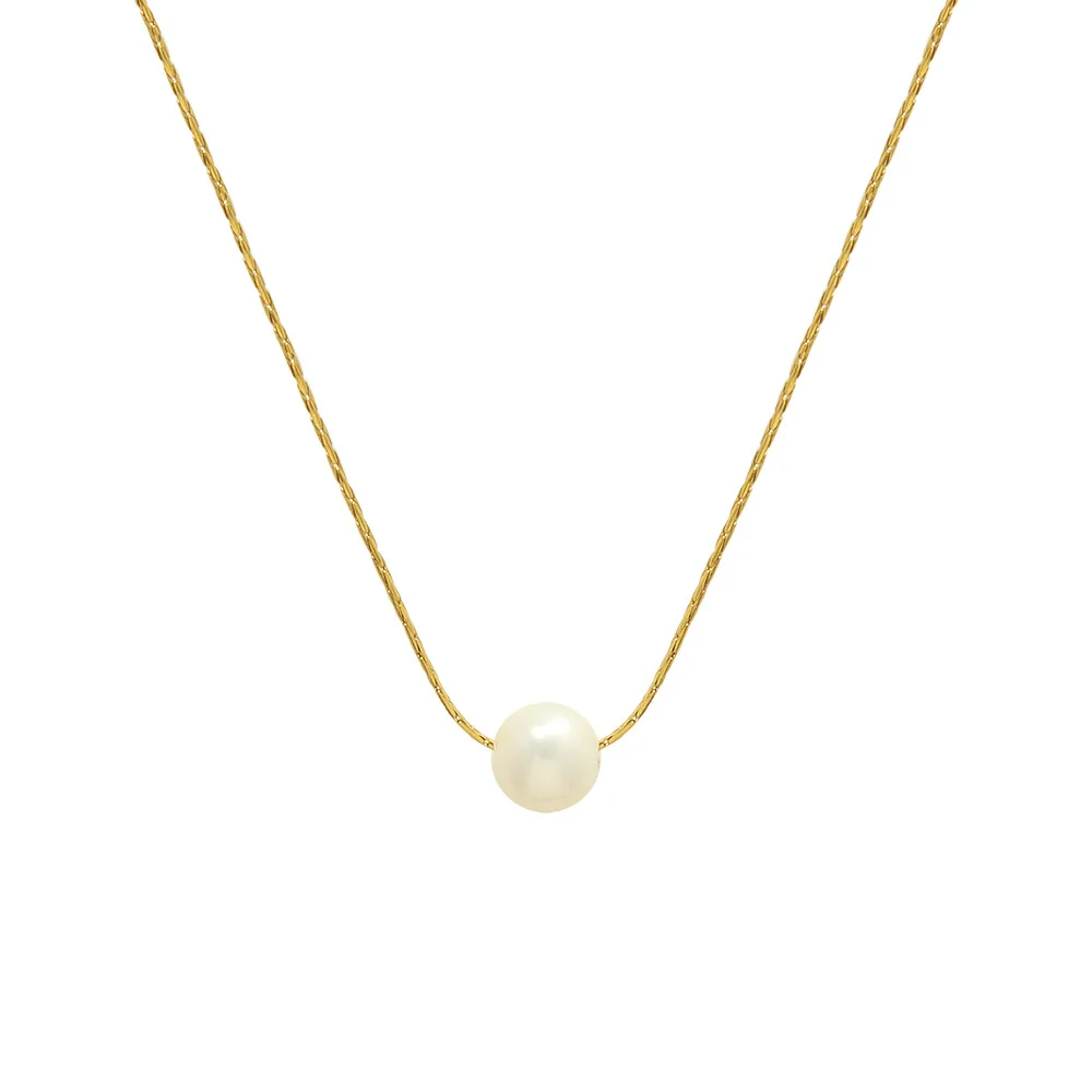 

18K Gold Plated Stainless Steel Link Chain Pearl Choker Round Freshwater Pearl Pendant Necklace