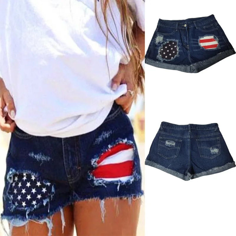 

Hot Sale Explosive Ladies American Flag Ripped Frayed Denim Shorts, Picture color