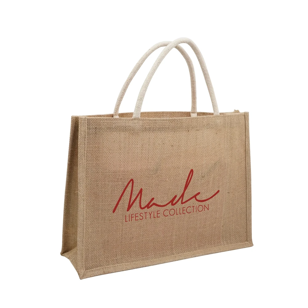 

Custom logo wholesale customized size jute tote shopping bag/eco bag screen print custom logo jute tote bag with rope handle, Customized color