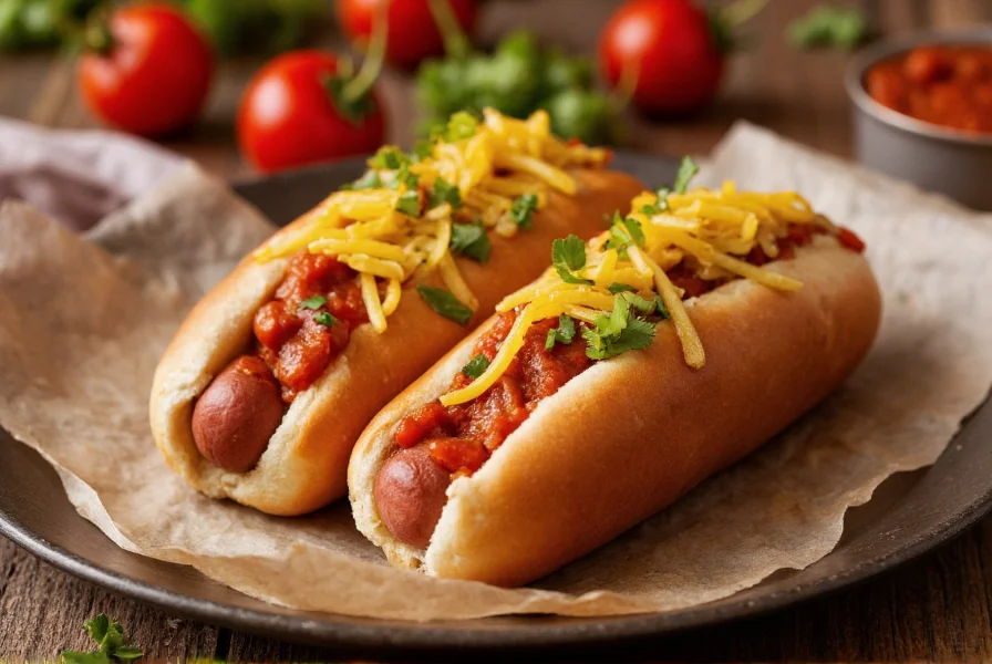 Chili dog food photography showing traditional preparation method for reference