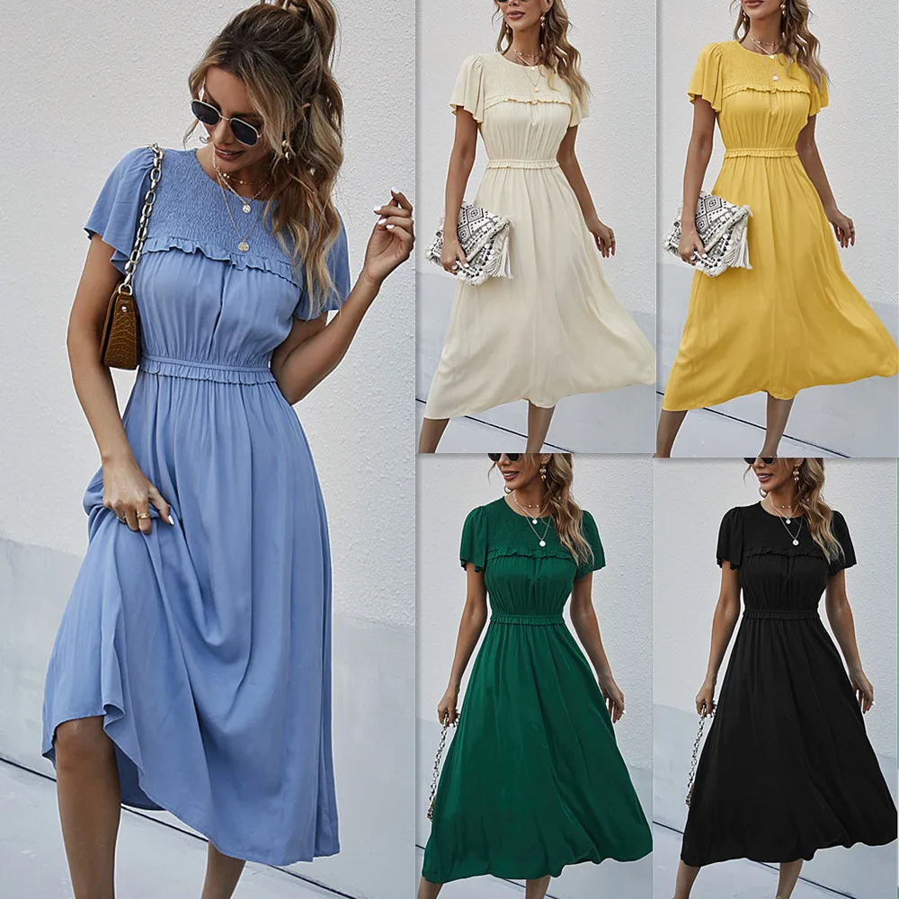 

Elegant design smocked shoulder design high waist elastic A line big hemline solid colour soft silk women dresses for casual, Picture color