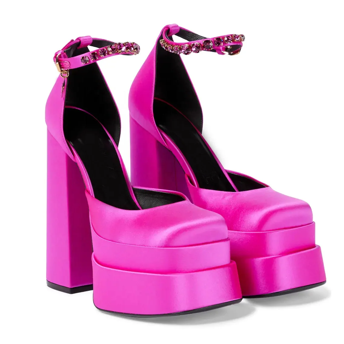 

Luxury Design Square Toe Chunky Heel Diamond Ankle Strap Hot Pink Satin Women Platform Pumps, Hot pink/black