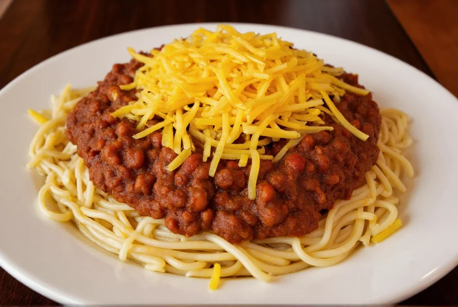 Authentic Cincinnati chili served over spaghetti with shredded cheddar cheese on top in a traditional chili parlor setting